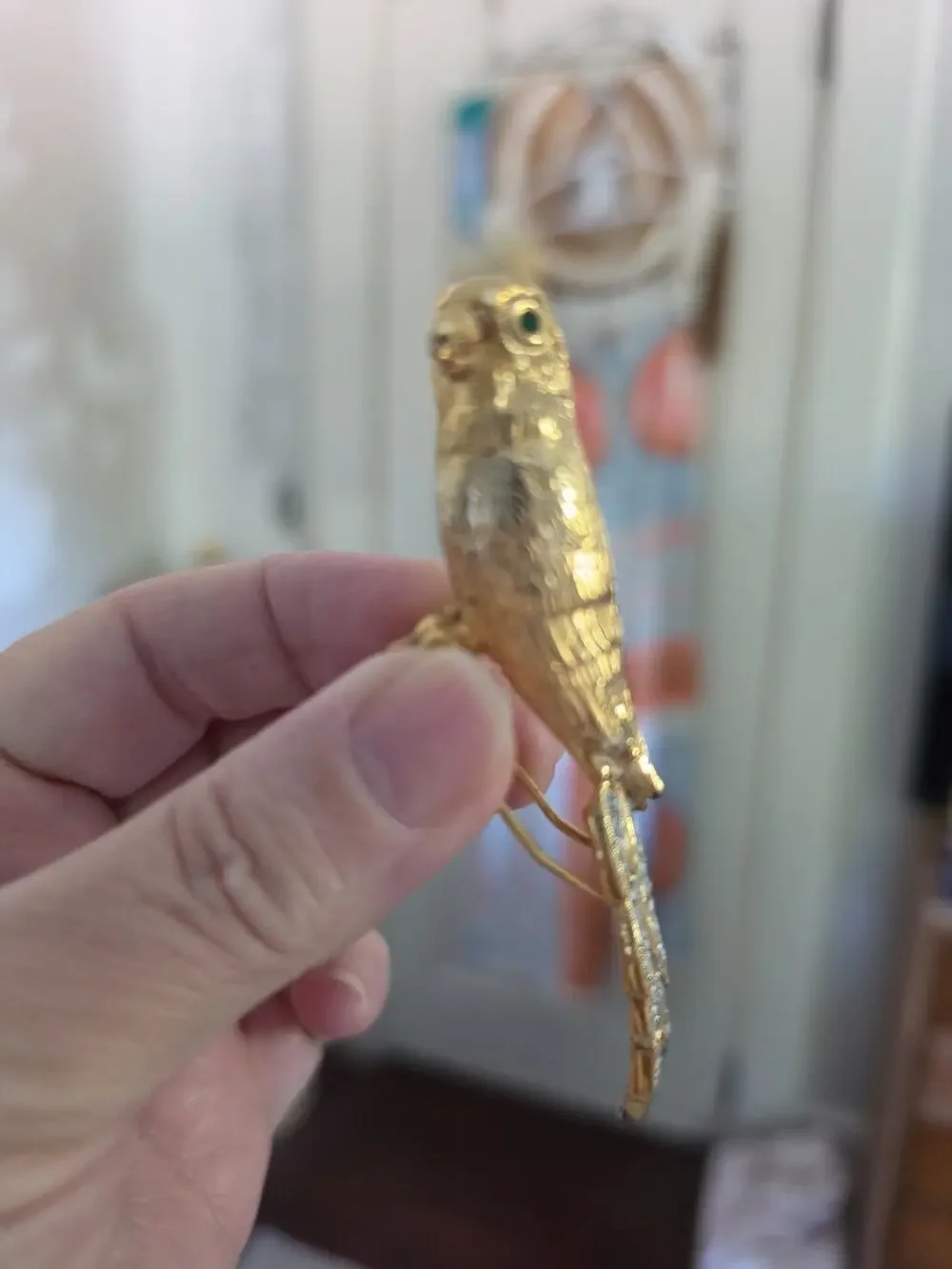Rare Vintage Parrot Fur Clip Figural Green Eyes Gold Tone